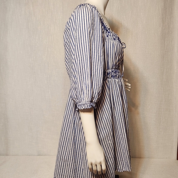 American Eagle Mini Dress Large Peasant Puff Sleeve Blue White Stripe Cinch - Picture 8 of 12